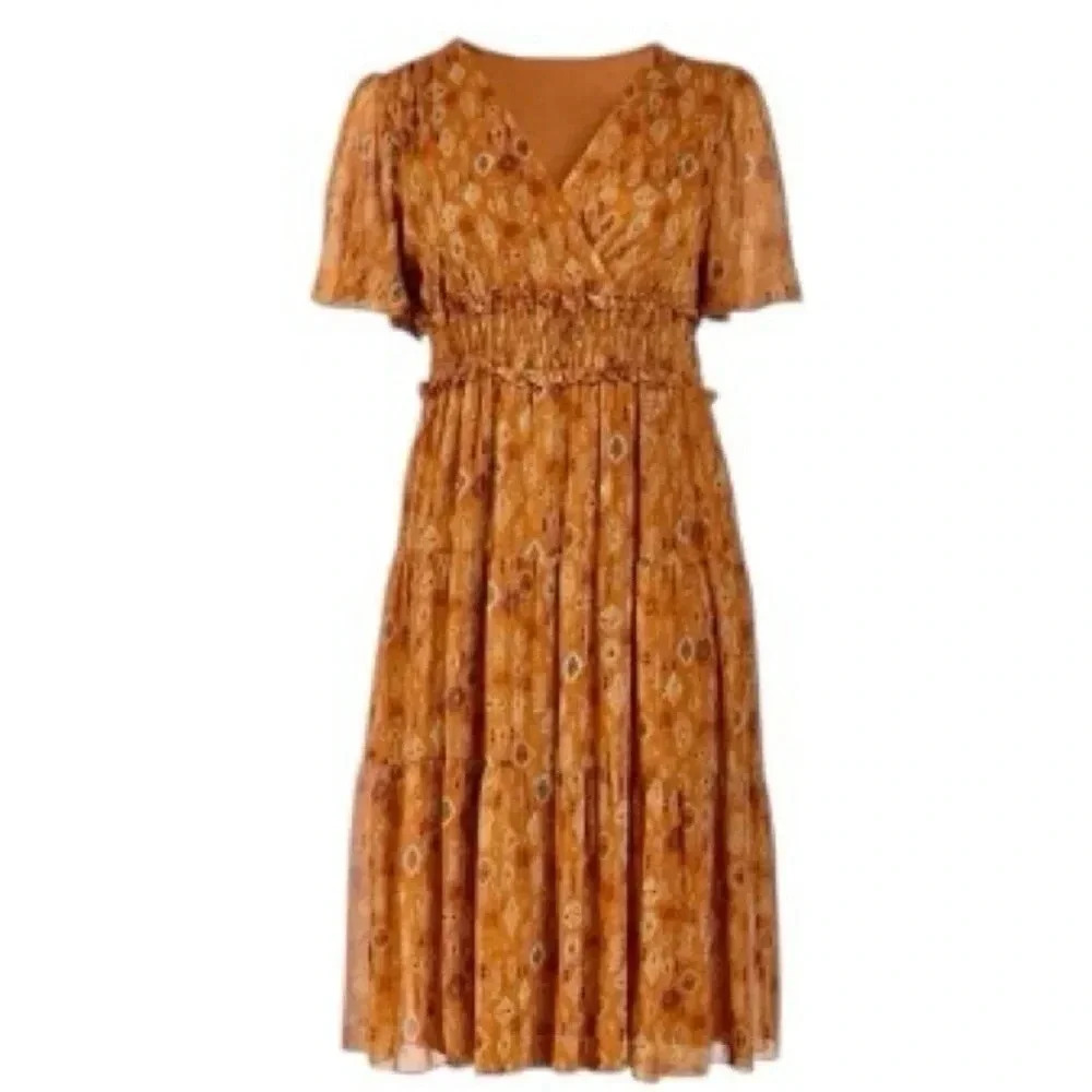 TAYLOR | Smocked Waist Brown Cottagecore Fit-And-Flare Tiered Midi Dress Size S - Picture 8 of 14